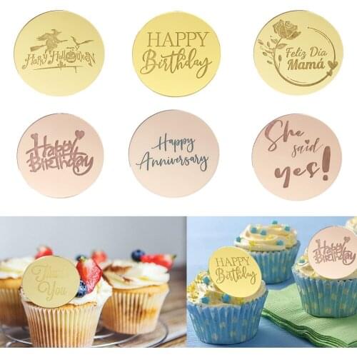 5PCS Happy birthday Cupcakes Topper Acrylic Bride Wedding Anniversary 5 cm Circle Cake Topper for Party Cake decoration