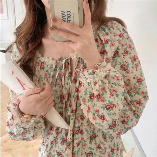 Floral Print Spring Nightgown Women Loose Long Sleeve Vintage Harajuku Sleepwear Home Clothes Harajuku Korean Nightwear