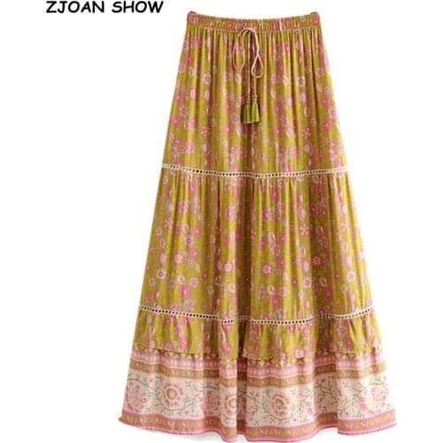 Bohemian Yellow Floral Print Long Skirt BOHO Holiday Women Stitching Hole Lace Ruffles Lacing up Stream Waist Maxi Long Skirts