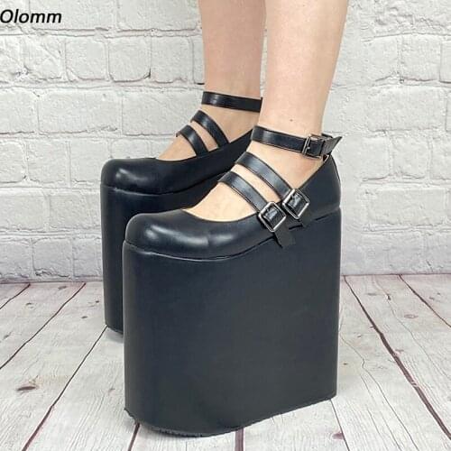 Olomm 2021 Handmade Women Pumps Buckle Wedges High Heels Pumps Round Toe Fabulous Black Night Club Wear Shoes Women US Size 5-20