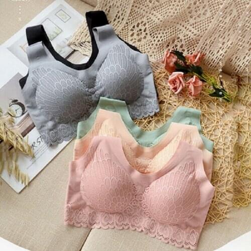 2021 Thai Latex Underwear Seamless Bra Women Cooling Gathers Shock-proof Pad Wireless Soft Intimate Vest-style Lace Beauty Back