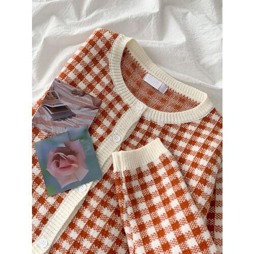 Orange Sweater Loose Womens New Round Neck Plaid Knitted Cardigan Top Fashion In Spring 2021