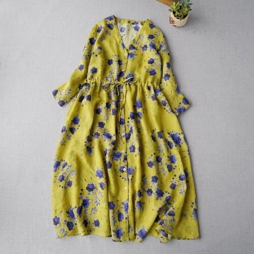 Womens beautiful seven point sleeve ramie dress light linen V-neck dress middle long waist lace up floral Dress 0808-2