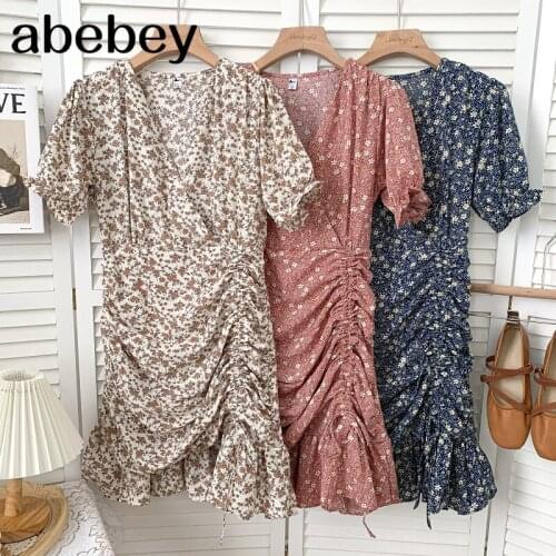 Vintage V-neck short sleeve Dress drawstring bandage high waist pleated floral print short Dress 2021 New Summer Women