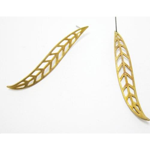 Brass earrings stud 53.5x8.4mm Long leaf brass ear post Brass earlobe findings -2pcs R1117