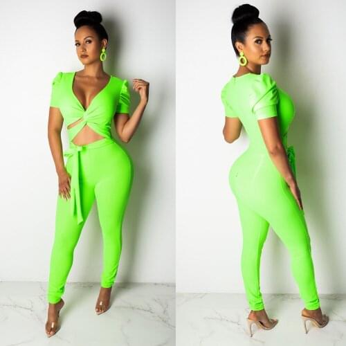 BKLD 2019 Sexy Bodycon Two Pieces Women Sets V-neck Bandage Criss Cross Crop Top Long Pants Two Piece Neon Set Women Clothing