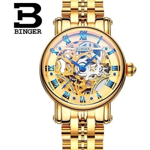 Couple Watch Casual Women Brand Wristwatches Mechanical Watch Automatic Skeleton Watches Full Gold Steel Strap BINGER B-5066