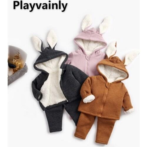 2021 New Winter New Baby Girls Boys 2-pcs Sets Solid Color Rabbit Hooded Top + Pants Children Thick Clothes Infant Outwear E8108