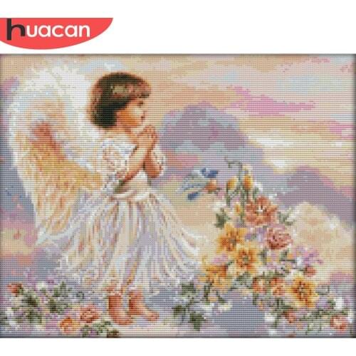 HUACAN Embroidery Angel Girl Kits White Canvas Home Decoration Needlework 11CT 14CT DIY Gift Cross Stitch Sets