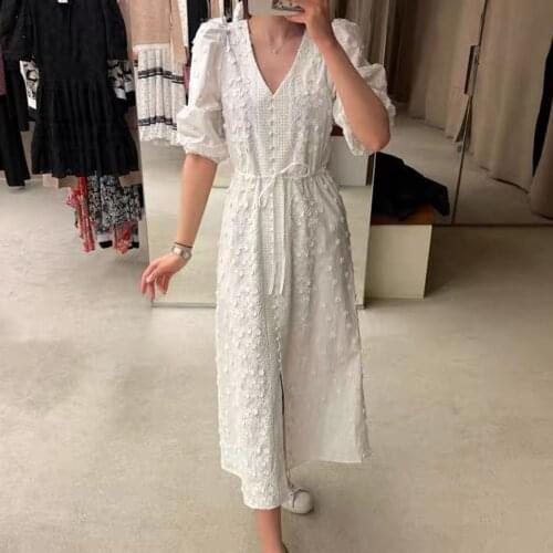 Jastie 2021 Autumn French White Maxi Dress Applique Embroidery Puff Sleeve V-Neck Dresses for Women Elegant Long Dress