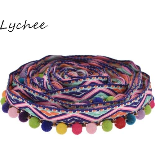 Lychee 2 Yards Vintage Colorful Tassel Lace Trim Embroidered Pom Pom Ball Fringe DIY Sewing Crafts Ribbon Fabric