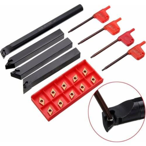 10pcs DCMT07 Carbide Insert Blades + 4pcs Lathe Turning Tool Holder Set + 4pcs Wrench for Lathe Turning Tool Machine Tool Sets