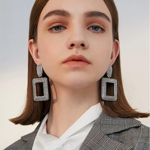 Full Shiny Rhinestone Square Pendant Dangle Earrings For Women Fashion Jewelry Trendy Push Needle Collectionn Earrings