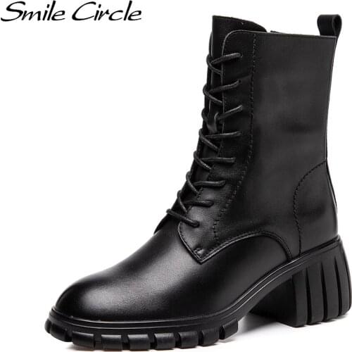 Smile Circle Short Boots women Cow Leather motorcycle Boots 2021 Casual High heels Back zipper Round toe Boots Ladies
