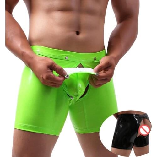 Men Long Boxer Shorts Sexy Big Penis Bag Panties Leather Buttons Hollow Gay Underwear Brand Erotic stage performance Underpants