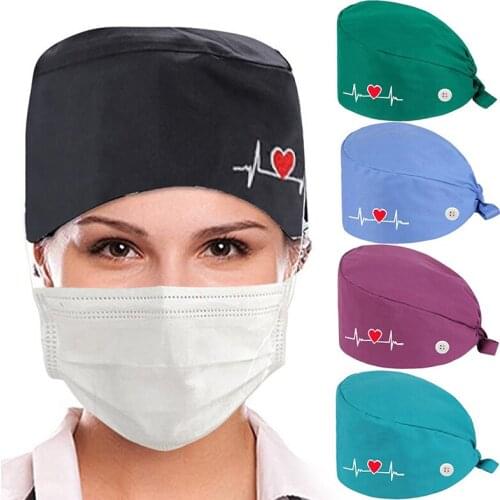 Printed Turban with Sweatband Adjustable Doctor Cap with Mask Hanging Buckle Hair Cover for Beauty Worker Solid A7