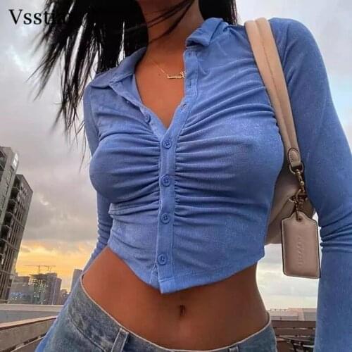 Vsstiar Button Up Summer Tops Casual Long Sleeve Ruched Ladies T-Shirt Fashion Collar Sheath Women Tees Shirt Streetwear 2021