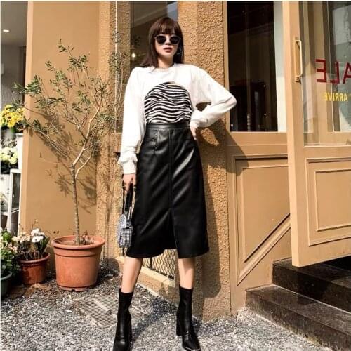 2021 korean fashion long skirts Black genuine Leather Skirt Women Office lady Pencil Skirt plus size