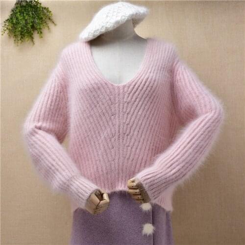 Female women winter clothing sweet pink hairy plush mink cashmere knitted sweater v-neck angora fur loose jumper sweater pull