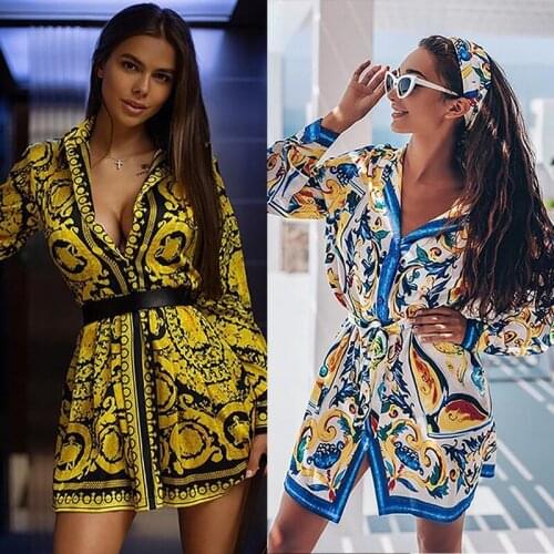 Spring Summer New Bohemian Style Women Dresses Print Sashes Long Sleeve Ladies Beach Wear Short Skirt