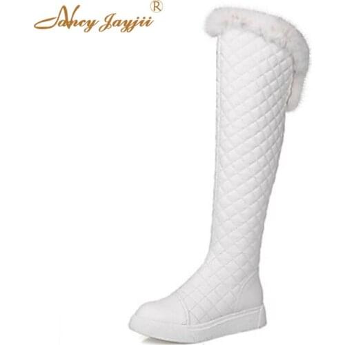 Women Knee High Boots Low Heels Plush White Black Women Genuine Leather Fashion Snow Plaid Boots Shoes Zapatos Mujer Plataforma