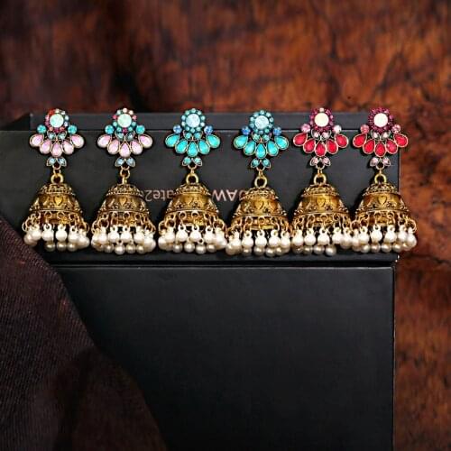 Afghan Ethnic Stone Earrings For Women Pendient Boho Gold Bell Gyspy Pearl Beads Ladies Indian Earring Jewelry