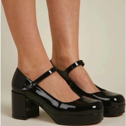 2021 Womens Mary Janes Shoes Lacquered Leather One Buckle Ladies Pumps Round Toe Black Mid Heels Chic Females Single Shoes