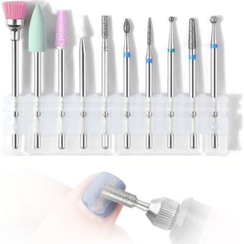 10pcs/box Diamond Stone Burr Nail Drill Bit Brush Cutter Gel Remove Manicure Electric Machine Accessory Polishing Tool File kit
