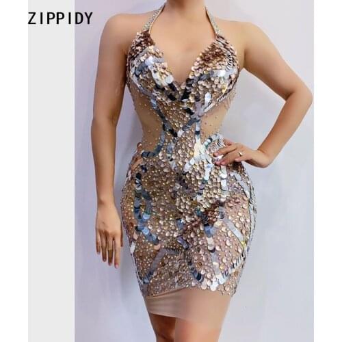 Flashing Stones Sequin V-neck Transparent Dress Birthday Celebrate Outfit Dress Bar Prom Women Dancer Short Dress