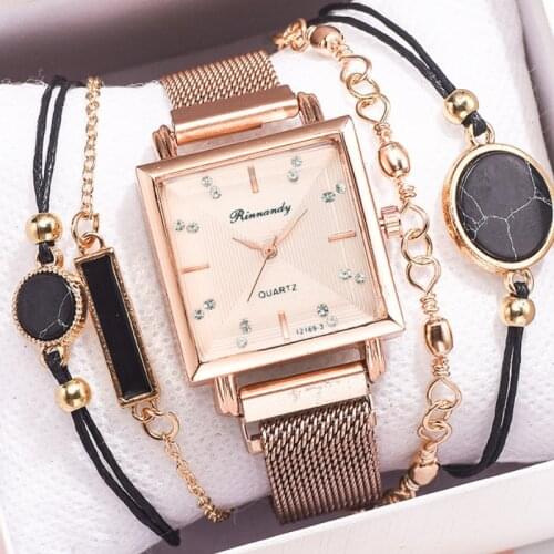 2020 Alloy Magnet Mesh Strap Quartz Female Watch Luxury Square Fashion Clocks Wild Classic Ladies Watch Set Wristwatches Women