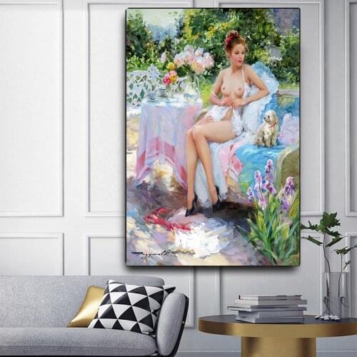 Citon Canvas Oil painting Konstantin Razumov《Fashionable lady and her puppy》Artwork Poster Picture Modern Decor Home Decoration