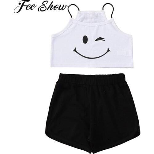 Kids Girls Summer Cotton Casual Suit Outfits Spaghetti Straps Cropped T-shirt Elastic Shorts Set for Exercise Sport Leisure Wear