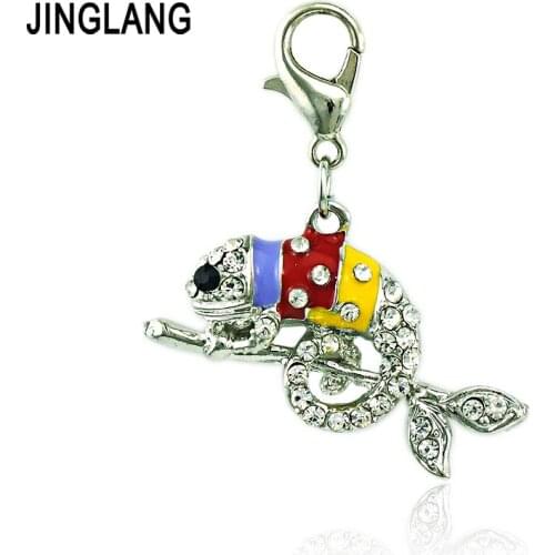 JINGLANG Fashion Rhinestone Chameleon Charms Dangle Enamel Lobster Clasp Animals Charms For Jewelry Making DIY Accessories