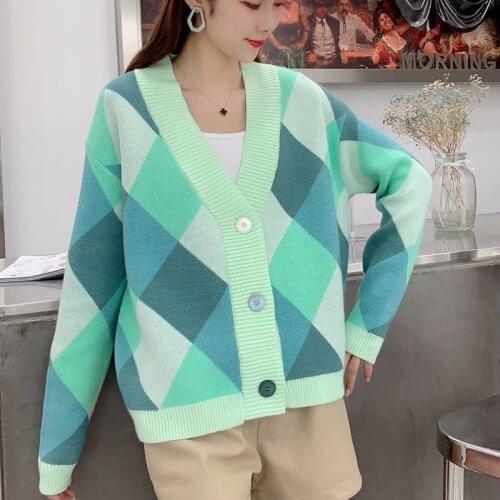 2020 V Neck Knit Oversize Female Cardigan Winter Argyle Single-Breasted Womens Sweater coat Autumn Loose Knit Cardigan Jacket
