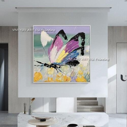 Romanticism Insect Oil Painting Purple Butterflies Painting Modern Handmade Decoration Art Wall Hanging Painting(No Frame)