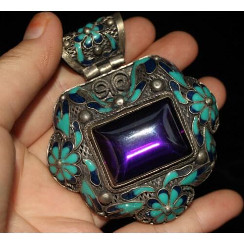 Chinese Old Craft Made Old Tibetan Silver Cloisonne Inlaid Zircon Pendant
