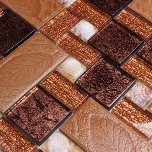 Brown glass mosaic with leaf and shell mosaic tiles for living room bathroom shower wall tiles black kitchen backsplash tiles