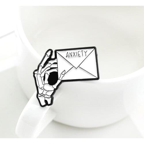 New Gothic Skeleton Hand Letter Brooch R.I.P. Anxiety Creative Envelope Enamel Pin Backpack Denim Personality Badge Punk Gifts
