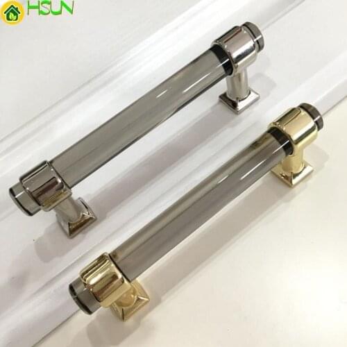 2 pcs New gray transparent acrylic bar handle modern Nordic cabinet door handle gold silver base Door cabinet wardrobe