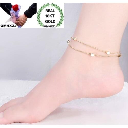 OMHXZJ Wholesale European Fashion Woman Girl Party Birthday Wedding Gift Vintage Square Beads Two Lines 18KT Gold Anklet JL13