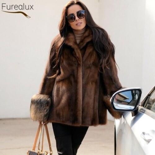 FUREALUX Real Mink Fur Coat Natural Mink Pure Hand-made Autumn Winter High-quality Fashion Warm Womens Clothing 2021 New