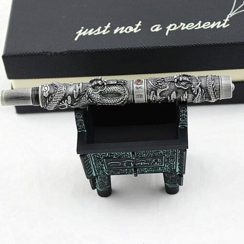 Jinhao Double Dragon Playing A Ball Fountain Pen Medium Nib 0.5mm 3D Embossment Pattern Metal Ink Pens for Writing Collection