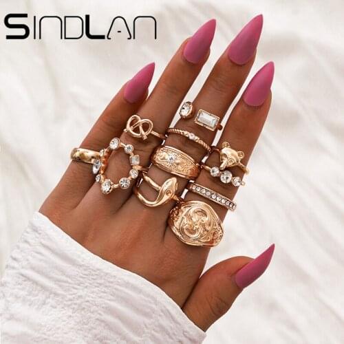 Sindlan 11Pcs Boho Full Crystal Gold Hollow Rings for Women Cute Dolphin Animals Female Joint Fashion Finger Rings Set Jewelry