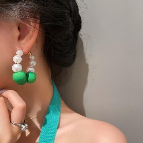 U-Magical Temperament Simulation Pearl Beaded Hoop Earring for Women Green Round Geometric Metallic Earring Jewelry Accessories