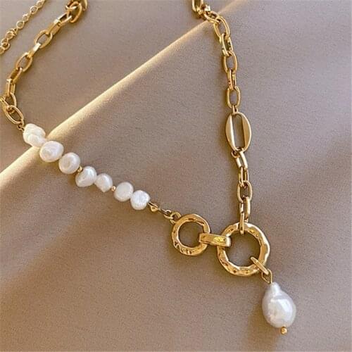 Vintage 14K Gold Plated Link Chain Freshwater Baroque Pearl Pendant Necklace For Women Girl Trendy Jewelry Gift