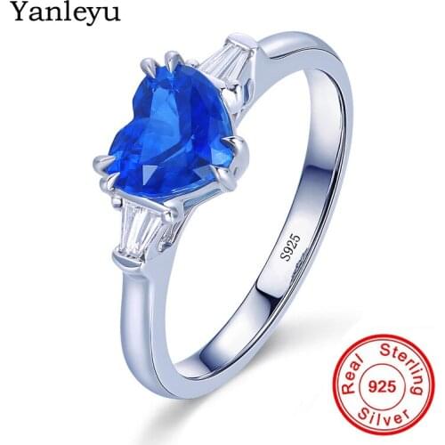 Yanleyu Sapphire Love Heart Ring Solid 925 Silver Blue Zircon Crystal Wedding Engagement Jewelry Rings for Women Wholesale PR394