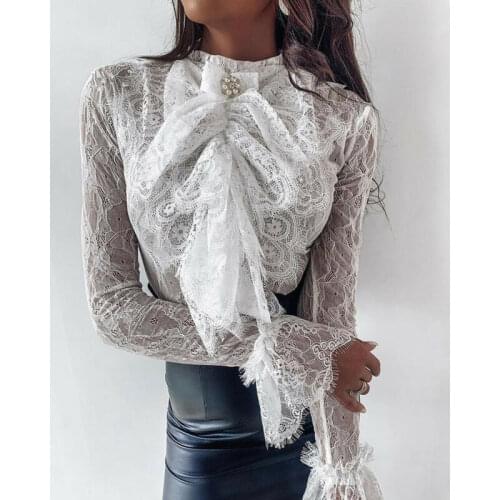 Brand New Ladies Vintage Lace Blouse Elegant Womens Long Sleeve Shirt Hollow Out Lace Chiffon Blouse Bowknot White Lace Blouse