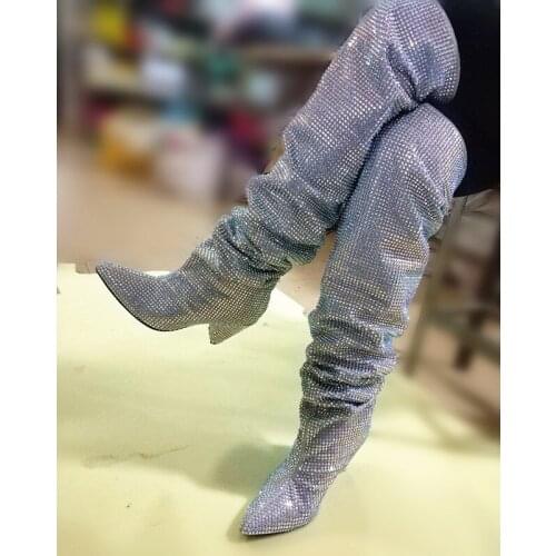 2018 New Arrival Women Thigh High Boots Full Crystal Pointed Toe Spike Heel Over the Knee Winter Autumn Rhinestone Boots