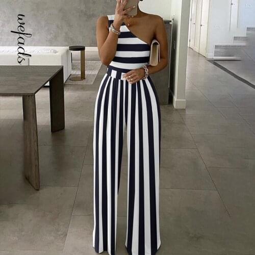 Wefads Jumpsuit for Women 2021 Elegant One Shoulder Striped Colorblock Bodysuit Summer Fashion Rompers