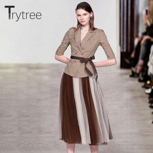 Trytree Autumn Winter Women Casual Two piece Set V-neck Double Breasted Khaki Belt Tops + Skirt Voile Fashion Set 2 Piece Set